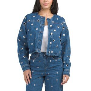 BLANK NYC Blue Denim Collarless Grommet Jacket